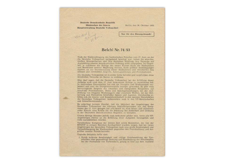 Dokument 2: Befehl Nr. 74/53 vom 28. Oktober 1953 an die DDR-Sicherheitskräfte