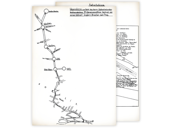 Ihr zweites Dokument zur "Operation Anthropoid": Skizze von Heydrichs Weg von Jungfern-Breschan nach Prag am 27. Mai 1942 und Plan des Tatortes aus dem Untersuchungsbericht der Gestapo - Privatarchiv Jaroslav Čvančara.
