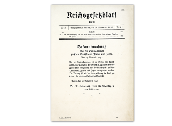 Das Reichsgesetzblatt vom 28. November 1940 mit der Bekanntmachung über den zwischen Deutschland, Italien und Japan geschlossenen Dreimächtepakt als originalgetreue Reproduktion