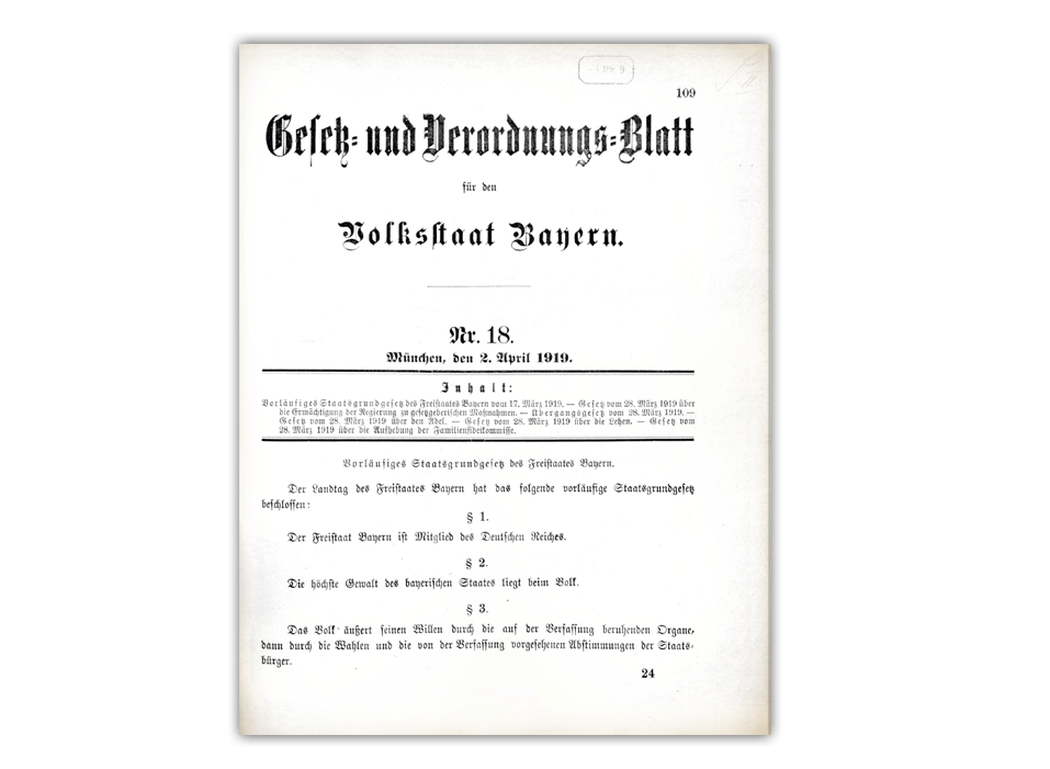 Gesetz- und Verordnungs-Blatt für den Volksstaat Bayern vom 2. April 1919 mit dem vorläufigen Staatsgrundgesetz vom 17. März 1919
