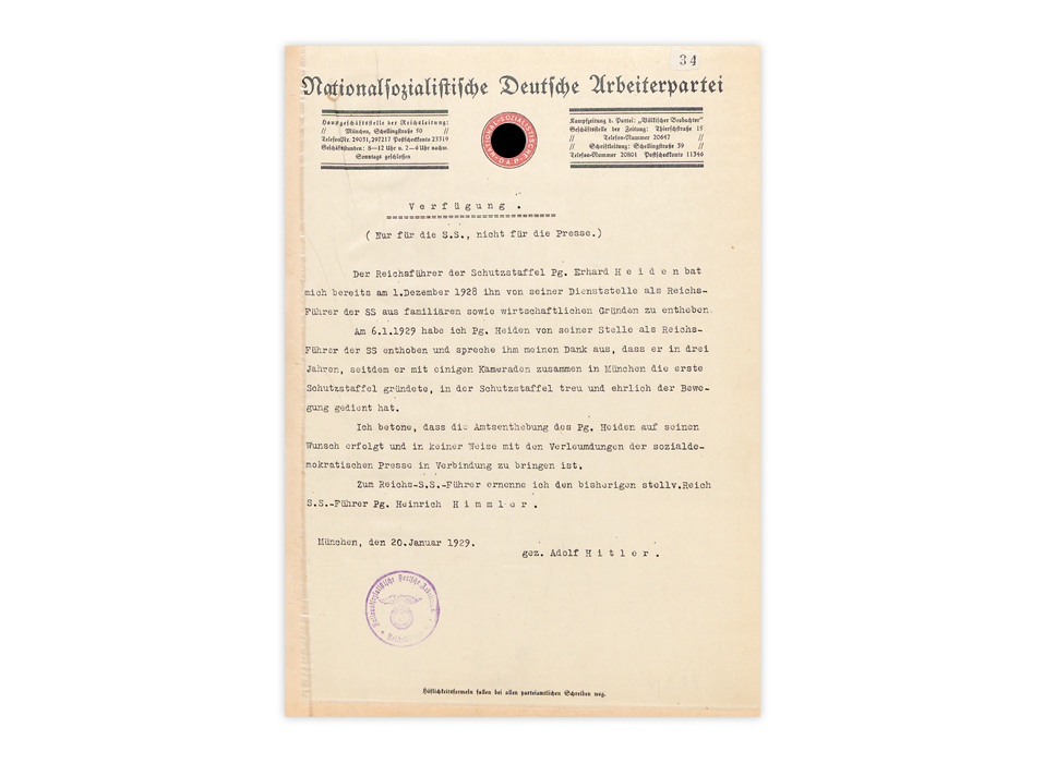 Ernennung Heinrich Himmlers zum Reichsführer-SS durch Adolf Hitler am 20. Januar 1929
