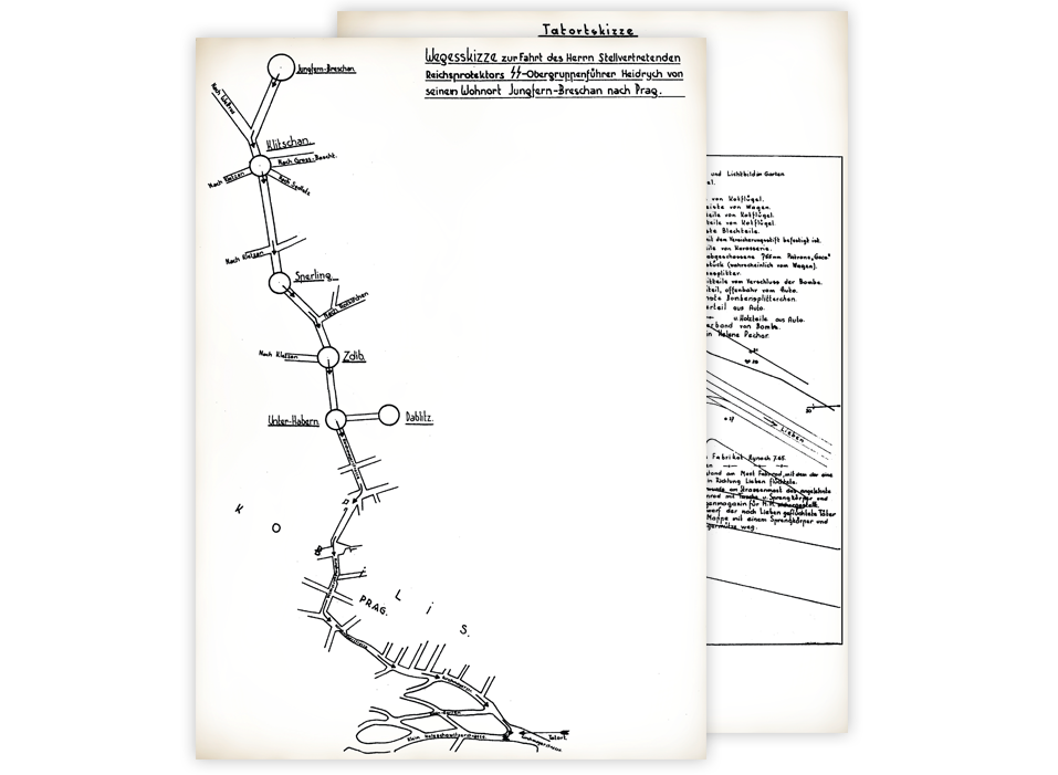 Skizze von Heydrichs Weg von Jungfern-Breschan nach Prag am 27. Mai 1942 und Plan des Tatortes aus dem Untersuchungsbericht der Gestapo - Privatarchiv Jaroslav Čvančara