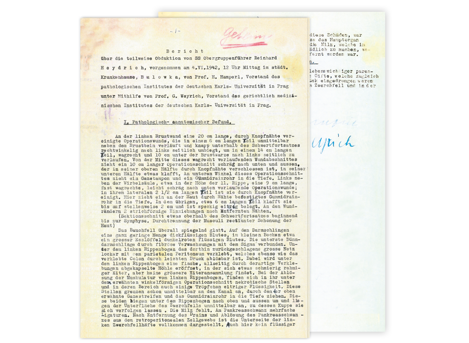 Bericht über die teilweise Obduktion Reinhard Heydrichs, vorgenommen am 4. Juni 1942 durch Prof. H. Hamperl - Nationalarchiv Prag, Fotos: Jaroslav Čvančara