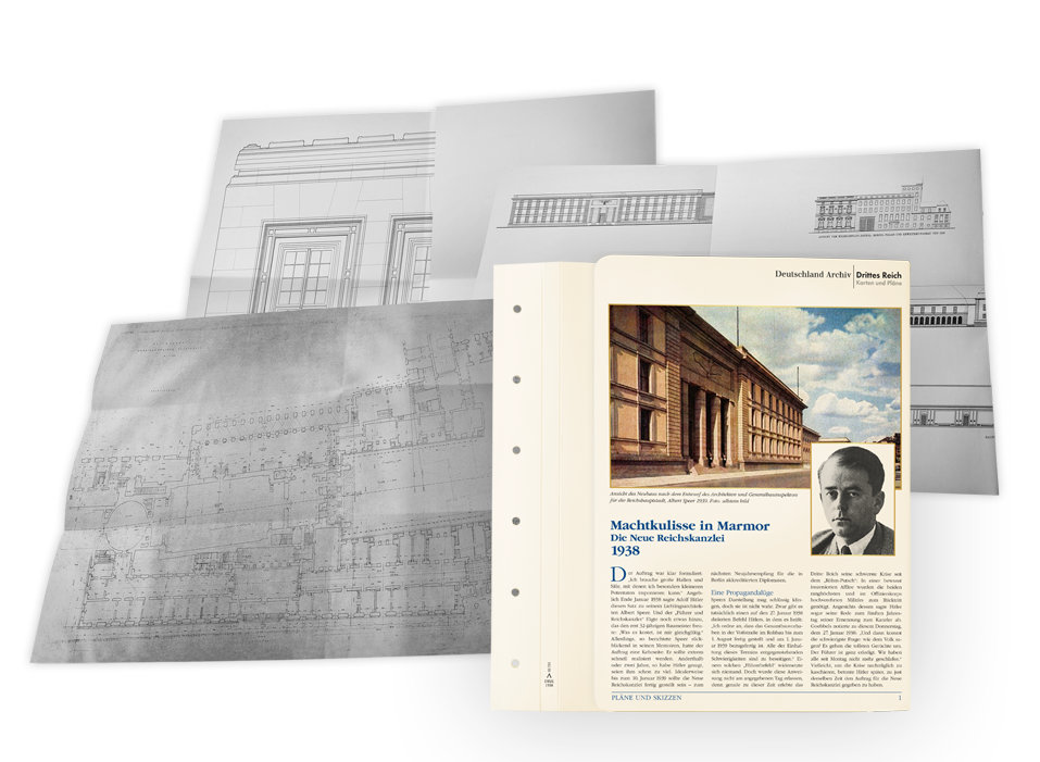 Ihre 3. Lieferung: »Hitlers Machtzentrale: Die neue Reichskanzlei«  Ansicht der Neuen Reichskanzlei von der Voss-Straße (Süden) und Grundriss des Hauptgeschosses, verschiedene Ansichten und Schnitte auf der Rückseite Grundrisse der Neuen Reichskanzlei Erdgeschoss Grundriss mit Möblierung des Führerzimmers