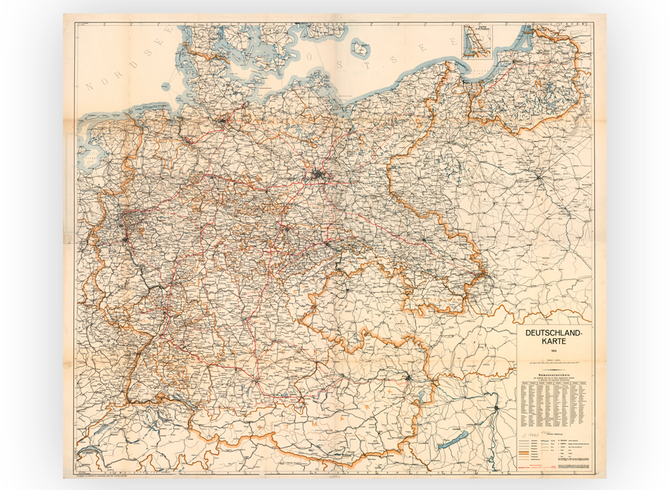 Übersichtskarte des Deutschen Reiches mit den neuesten Grenzen (nach dem Anschluss Österreichs und der Annektierung Böhmens und Mährens vor Sept. 1939) (128 x 105 cm)