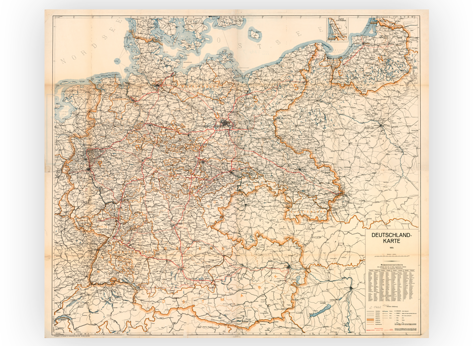 Übersichtskarte des Deutschen Reiches mit den neuesten Grenzen (nach dem Anschluss Österreichs und der Annektierung Böhmens und Mährens vor Sept. 1939) (128 x 105 cm)