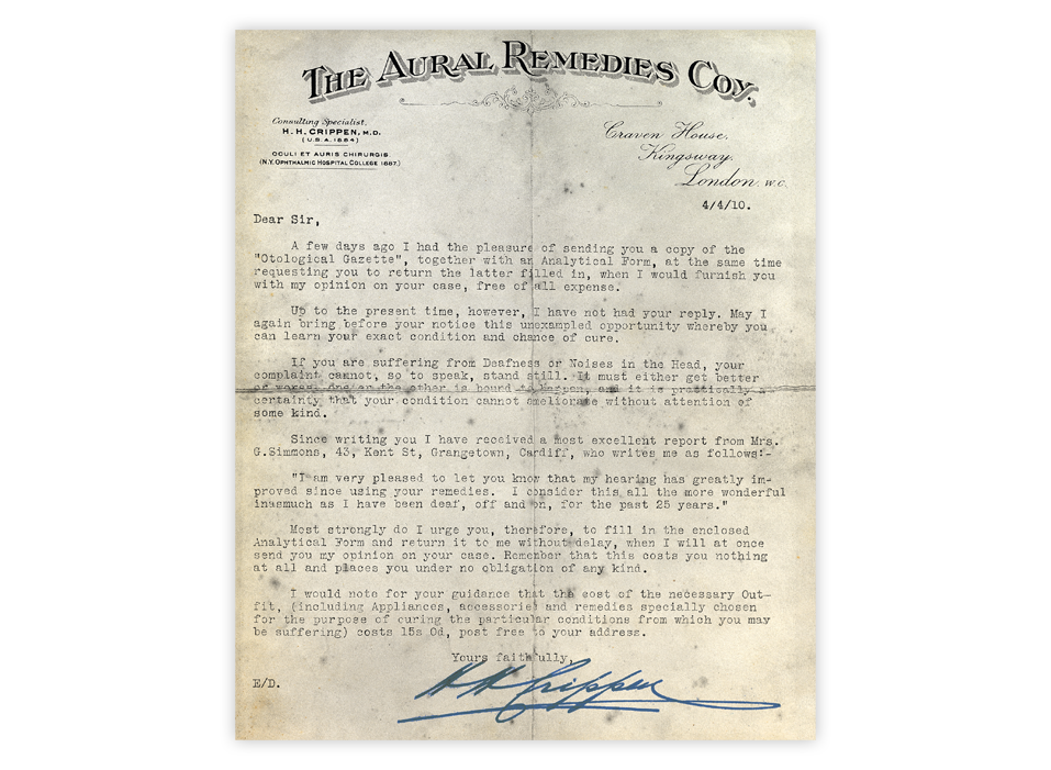 Brief von Dr. Hawley Harvey Crippen an einen Patienten vom April 1910 (Übersetzung online)