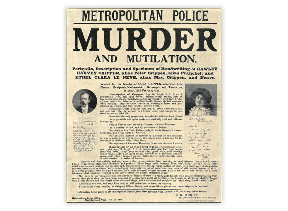 Fahndungsplakat der Metropolitan Police nach Dr. Hawley Harvey Crippen und seiner Geliebten Ethel le Neve, 1910 (Übersetzung online)