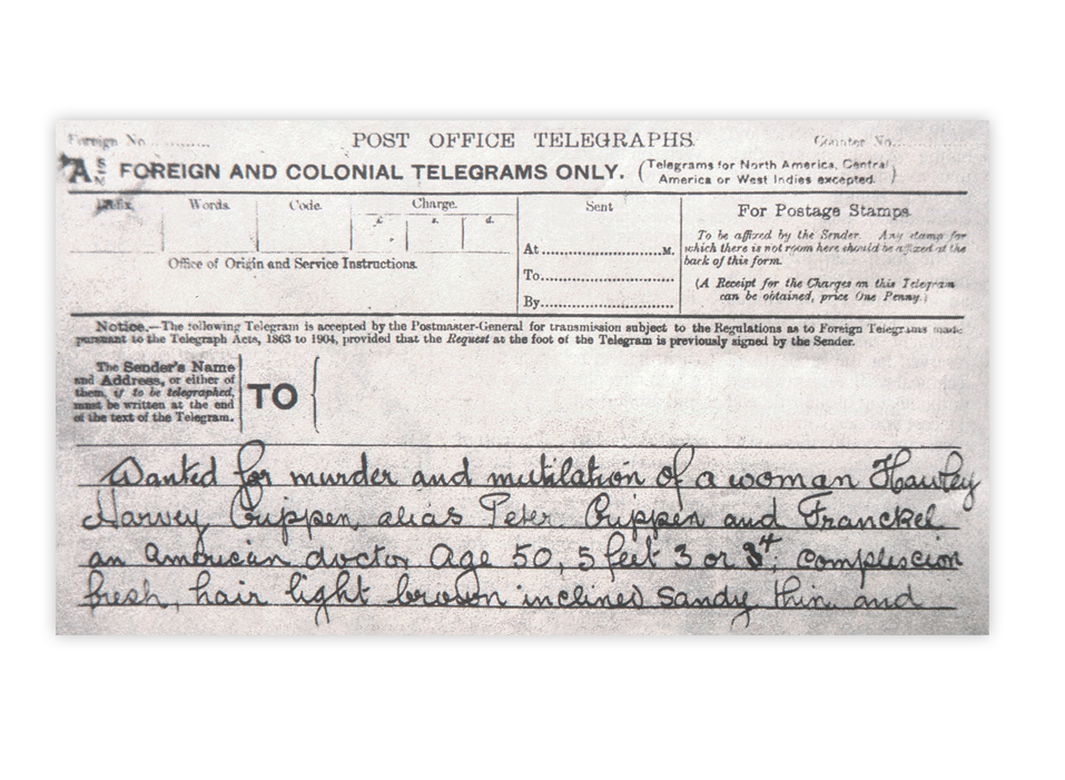Von Scotland Yard gesendetes Telegramm mit Informationen zu Dr. Crippen und Ethel Le Neve, die wegen Mordes gesucht wurden