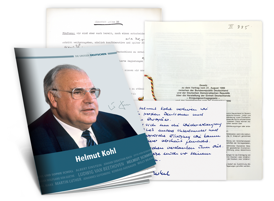 Entwurf zum deutschlandpolitischen Zehn-Punkte- Programm (Bundestagssitzung vom 28. November 1989), das Helmut Kohl am Wochenende vom 25./26. November 1989 in Oggersheim vorgelegen hatte Wahlplakat zur Bundestagswahl 1976  ARE-Team/Harry Walter Telegramm vom 17. Februar 1962 zur Sturmflut in Hamburg Bekanntgabe der Vermählung von Helmut und Hannelore „Loki“ Schmidt