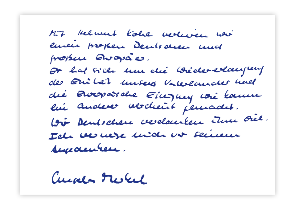 Angela Merkels Eintrag in das Kondolenzbuch für Helmut Kohl im Bundeskanzleramt. Berlin, 18. Juni 2017