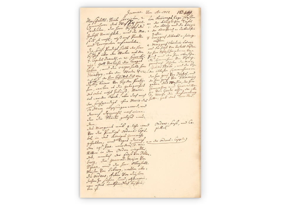 Handschriftlicher Bericht über die Geburt Friedrichs des Großen vom Hofzeremonialmeister Johann von Besser im königlichen Hofjournal, 24. Januar 1712