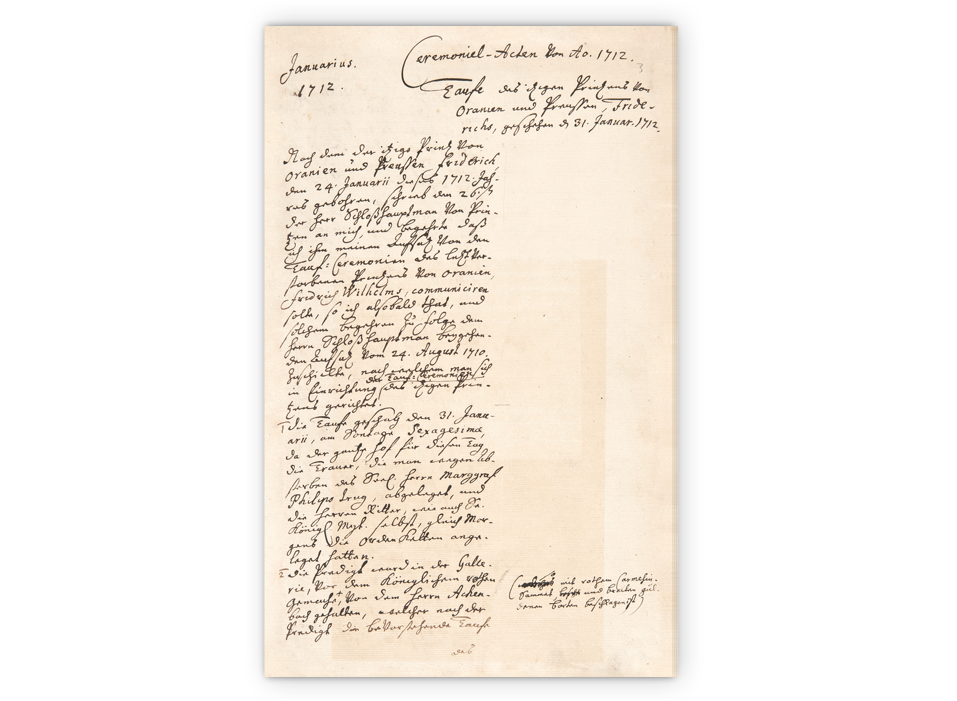 Bericht von der Taufe Friedrichs mit Nennung seines Namens, Zeremonialakten vom 31. Januar 1712