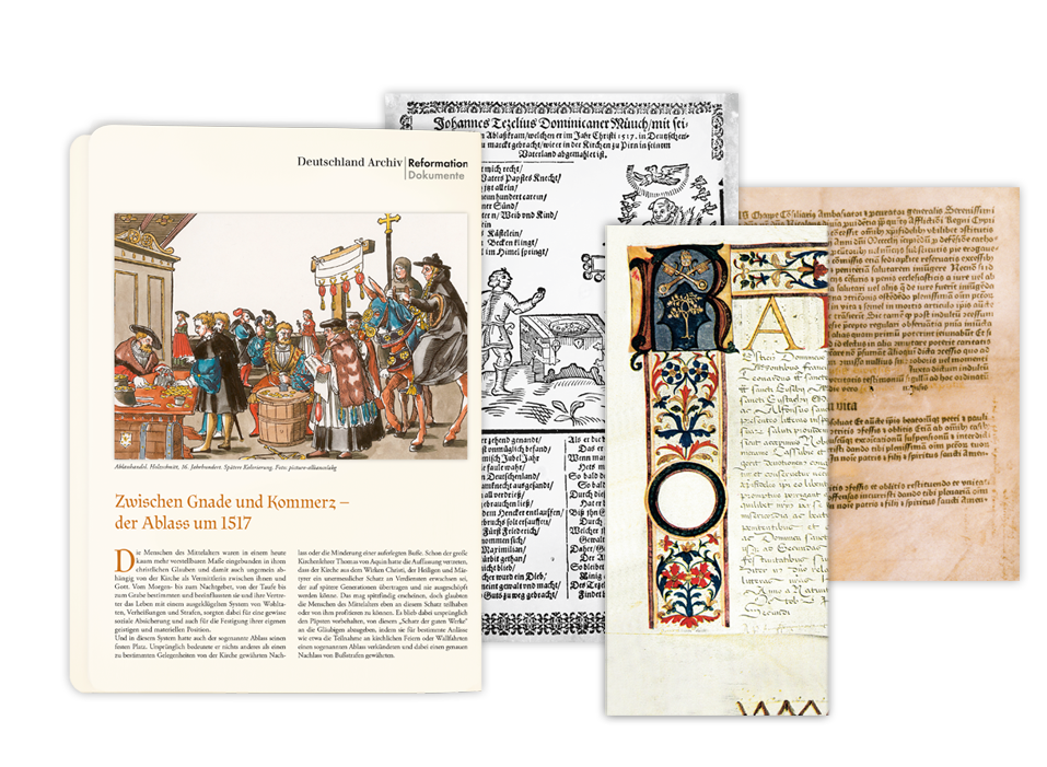 Ihre 3. Lieferung:  »Zwischen Gnade und Kommerz - der Ablass um 1517«  Ablassbrief "Forma absolutionis" aus dem Jahr 1455 Ablassbrief von 23 Kardinälen für das Kollegiatsstift St. Erasmi im Schloss zu Cölln an der Spree Spottblatt "Tetzel auf dem Esel" aus dem Jahr 1517