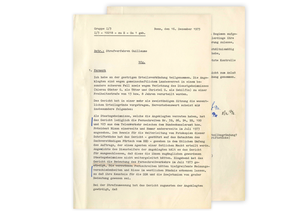 Vermerk des Bundeskanzleramtes zur Urteilsverkündung  im Prozess gegen Günter und Christel Guillaume wegen Landesverrats vom 16. Dezember 1975