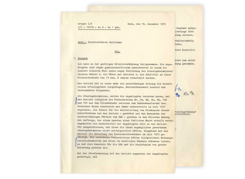 Vermerk des Bundeskanzleramtes zur Urteilsverkündung im Prozess gegen Günter und Christel Guillaume wegen Landesverrats vom 16. Dezember 1975