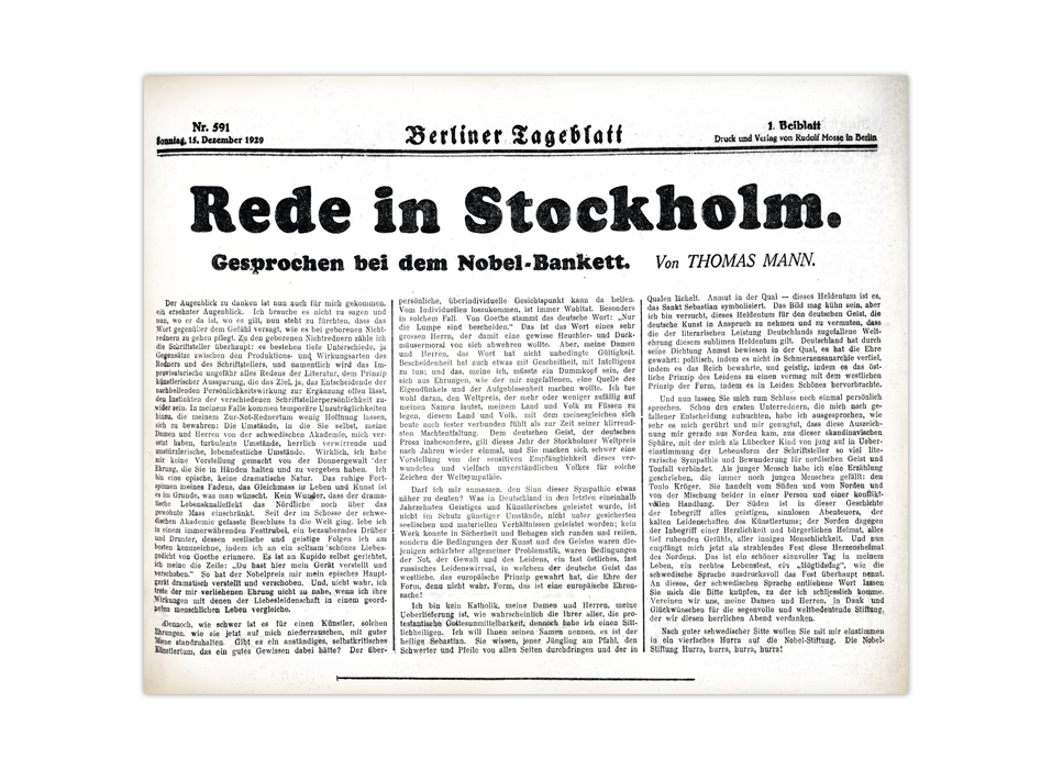 Abdruck der Rede von Thomas Mann anlässlich der Literatur-Nobelpreisverleihung ("Berliner Tagesblatt" vom 15. Dezember 1929)