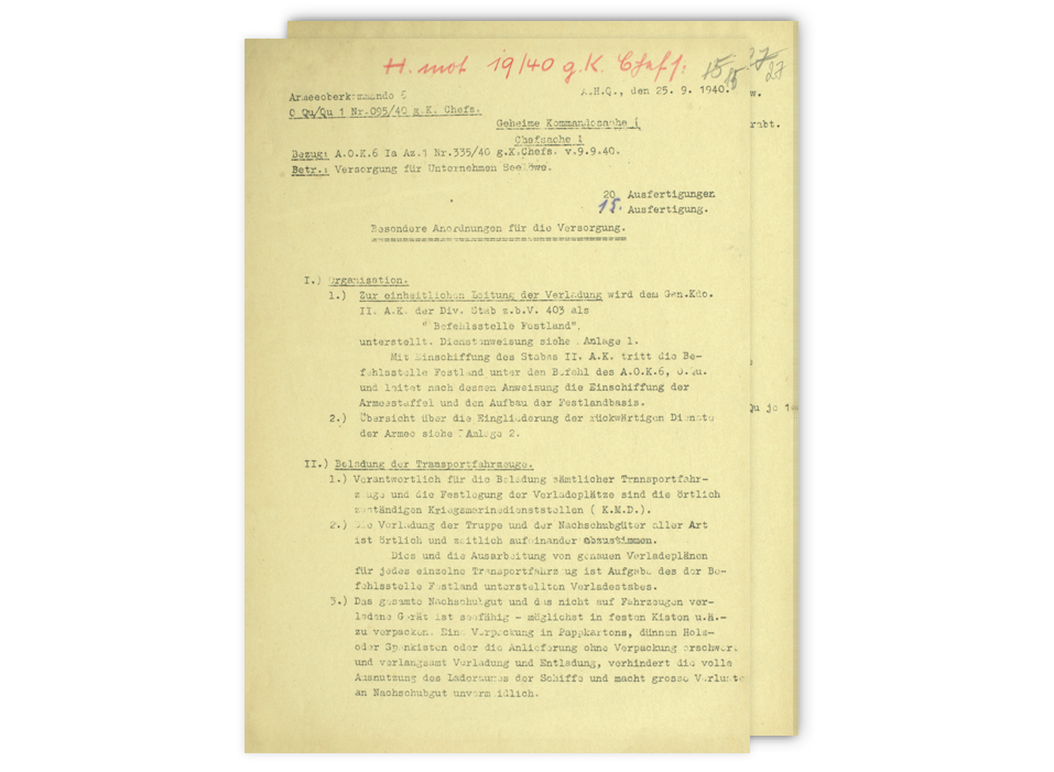 Besondere Anordnung für die Versorgung des Unternehmens »Seelöwe«, erlassen vom Armeeoberkommando 6 am 25. September 1940
