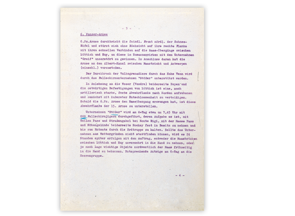 Anordnung zum Unternehmen »Stößer« aus Generalfeldmarschall Walter Models »Operationsbefehl für den Angriff der Heeresgruppe B über die Maas auf Antwerpen« im Rahmen der deutschen Ardennenoffensive vom 9. Dezember 1944