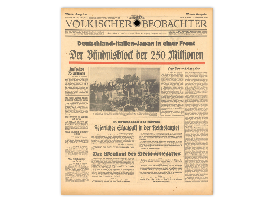 Berichte und Kommentare zur Unterzeichnung des Dreimächtepaktes zwischen dem Deutschen Reich, Italien und Japan im „Völkischen Beobachter“ vom 28. September 1940 (Seiten 1–4)