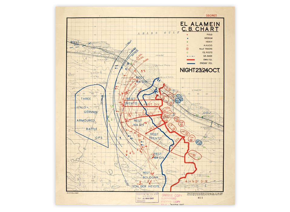 Karte der britischen Royal Engineers mit Frontverlauf und Gefechten während der Schlacht von El Alamein in der Nacht vom 23. auf den 24. Oktober 1942