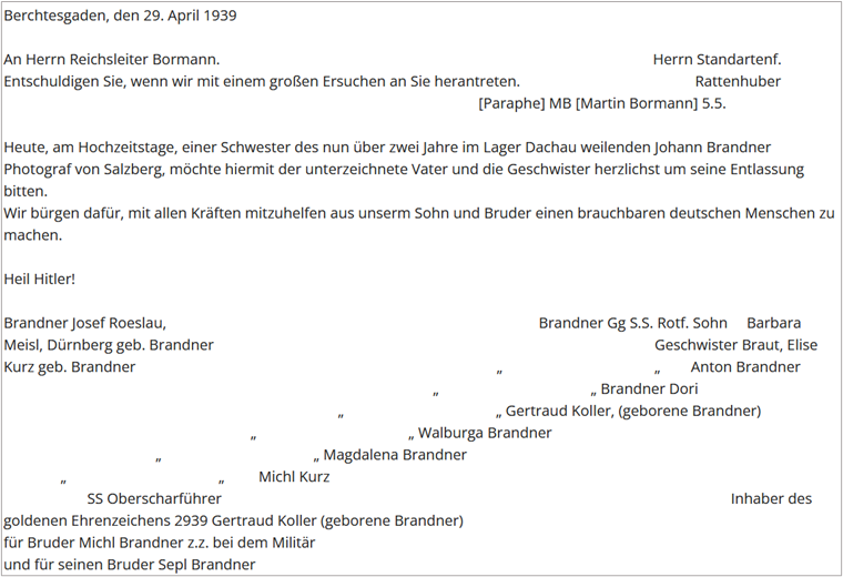 Gesuch der Familie Brandner an Martin Bormann vom 29. April 1939