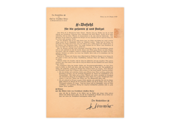 Das zweite Dokument zeigt einen vom Reichsführer-SS Heinrich Himmler am 28. Oktober 1939 erlassenen Befehl an die SS
