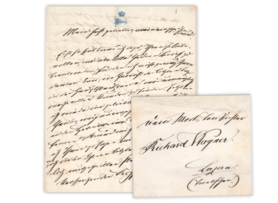 Ihr erstes Dokument: Brief an Richard Wagner von 1868, in welchem Ludwig II. seine vom Mittelalter inspirierte Vorstellung des geplanten Schlosses eindrucksvoll darlegt.