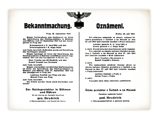 Ihr erstes Dokument zur "Operation Anthropoid": Bekanntmachung des Reichsprotektors in Böhmen und Mähren vom 28. September 1941 - Militärhistorisches Institut Prag.