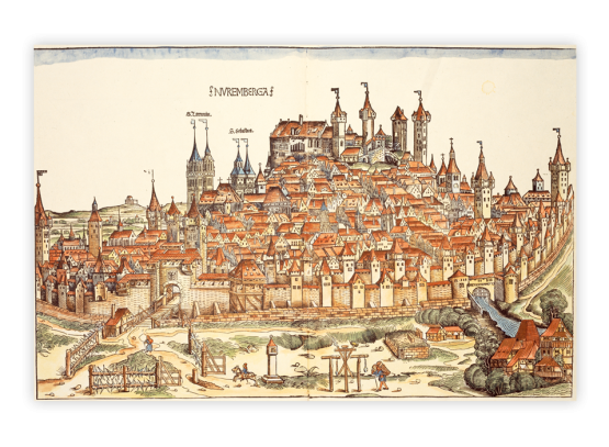 Ihr drittes Dokument: Die prachtvolle Stadtansicht von Nürnberg aus der "Schedelschen Weltchronik".