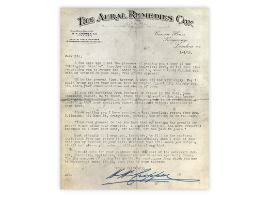 Ihr erstes Dokument: Brief von Dr. Hawley Harvey Crippen an einen Patienten vom April 1910.
