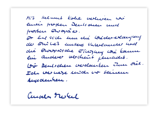 Ihr viertes Dokument: Angela Merkels Eintrag in das Kondolenzbuch für Helmut Kohl im Bundeskanzleramt. Berlin, 18. Juni 2017.