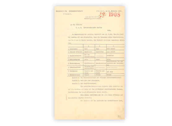 Dokument 2: Schreiben von Whitehead & Co. AG (Fiume) vom 23. November 1907 an das k.u.k. Marinetechnische Komitee