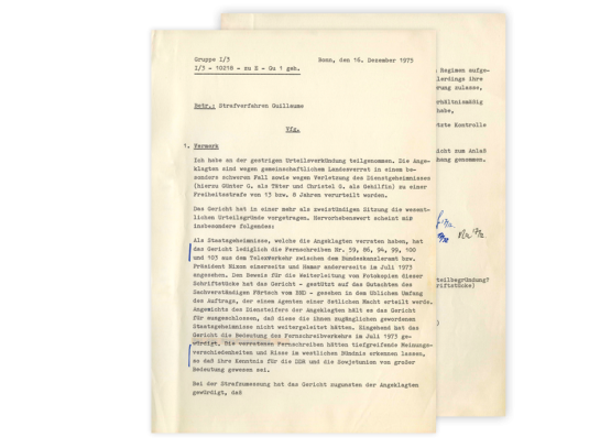 Landesverräter: Vermerk zur Urteilsverkündung im Prozess gegen Günter und Christel Guillaume vom 16. Dezember 1975