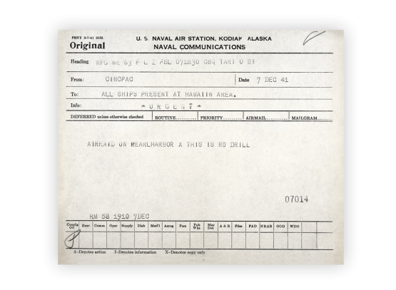 Telegramm »Luftangriff auf Pearl Harbor – Das ist keine Übung« vom Oberbefehlshaber der Pazifikflotte vom 7. Dezember 1941