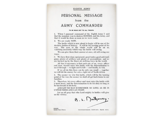 Lesen Sie die "persönliche Nachricht an alle Truppen"  von General Montgomery vom 22. Oktober 1942!