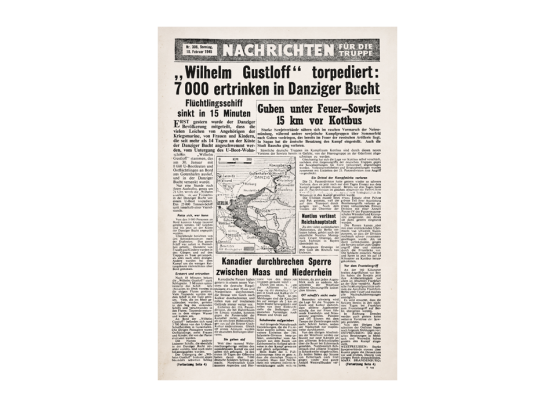 »Nachrichten für die Truppe« – Propaganda-Zeitung der US-Armee für die Wehrmacht vom 18. Februar 1945 (Titel- und Rückseite)