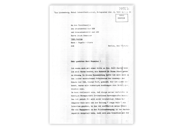 Brief Udo Lindenbergs an Erich Honecker vom 23. August 1983
