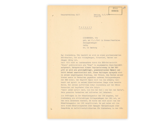 Brisantes Dokument aus der Stasi-Akte: Vermerk über das Auftreten Udo Lindenbergs vom 9. Juni 1976