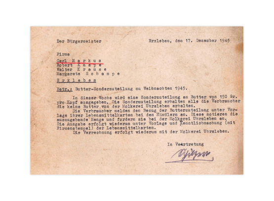 Ihr zweites Dokument: Schreiben des Bürgermeisters an Karl Markus wegen Butterzuteilung über Lebensmittelmarken Weihnachten 1945