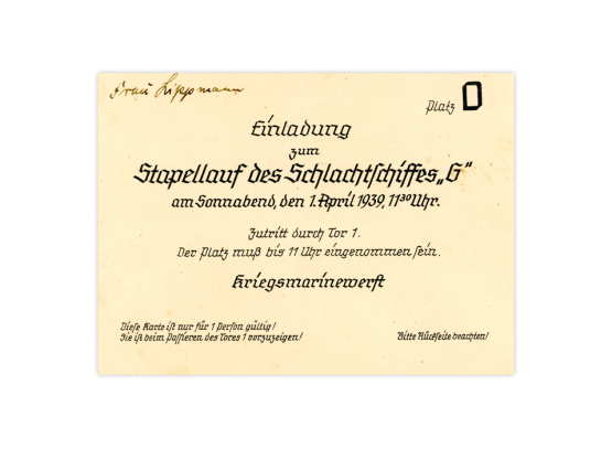 Ein historisches Zeitzeugnis: Einladung zum Stapellauf der "Tirpitz" vom 1. April 1939!