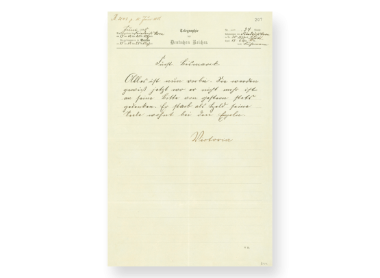 Telegramm von Kaiserin Victoria an Bismarck zum Tod Kaiser Friedrichs III. 