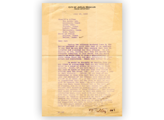 Das Ende einer Ära: Brief von Polizeichef Ed Portley über die Ergreifung Clyde Barrows und seiner Komplizen, 18. Juli 1933